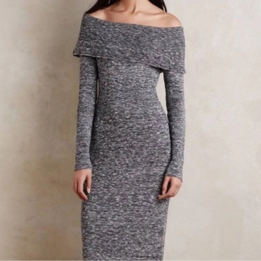 ANTHROPOLOGIE Moth Sojourn Sweater Dress Off Shoulder Midi Bodycon, Grey, M, EUC